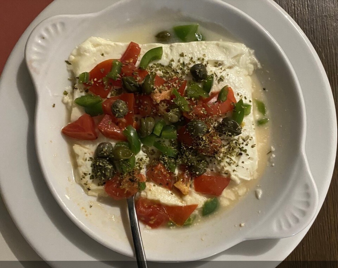 GRILLED FETA  CHEESE WITH PEPPERS,TOMATO,CAPERS