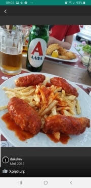 SOUTZOUKAKIA (meatballs  in tomato sause) WITH FRIED FRESH POTATOES