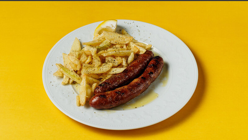 COUNTRY STYLE PORK - LOCAL SAUSAGE from Paros WITH FRENCH FRIES